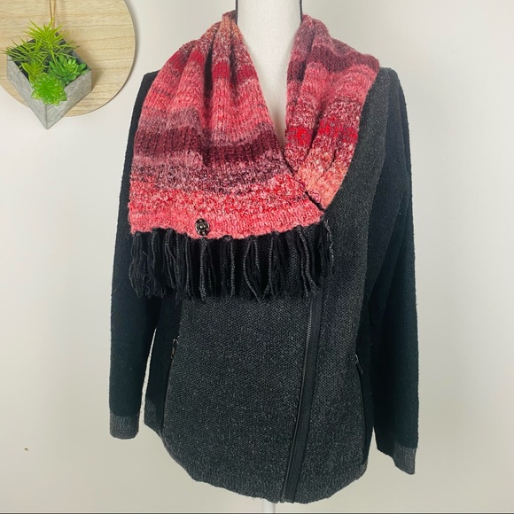 Curio Sweaters - Curio Black Red Wool Blend Scarf Neck Moto Zip Sweater Size L